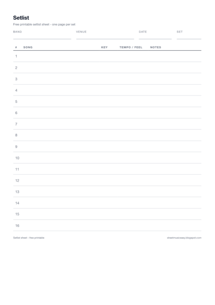 Setlist sheet with band, venue, date and set fields and sixteen numbered rows for song, key, tempo and notes